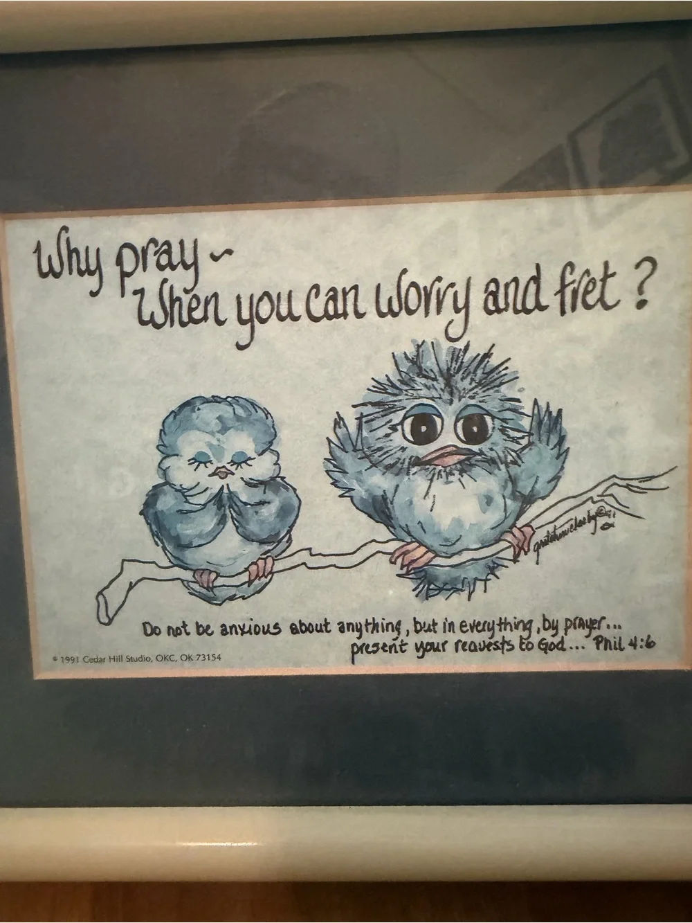 Vintage 1990 Gretchen Jackson Framed Blue Owl Wall Art - White Frame